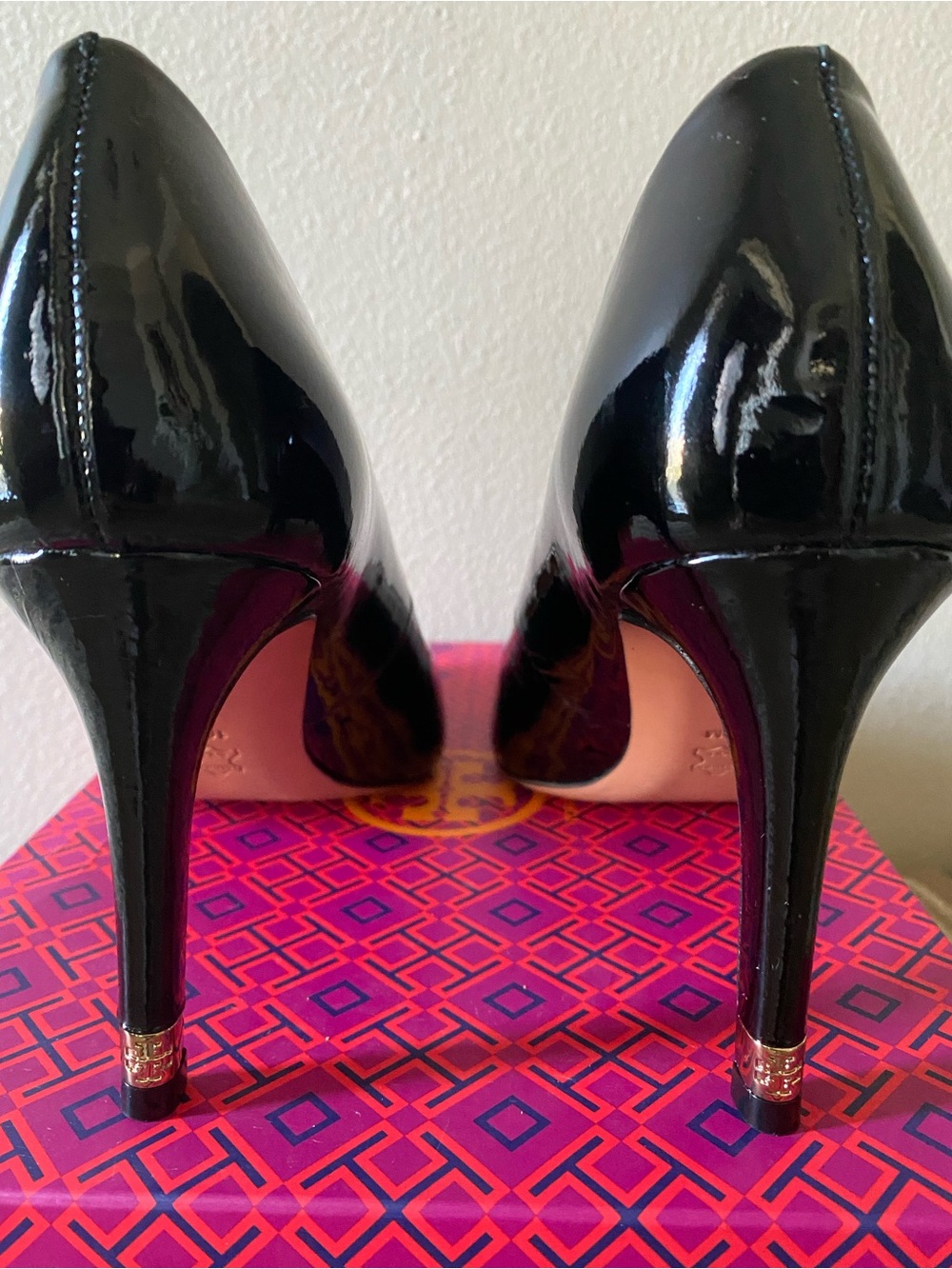 Black Patent High Heel Pumps with Gold Heel Accent